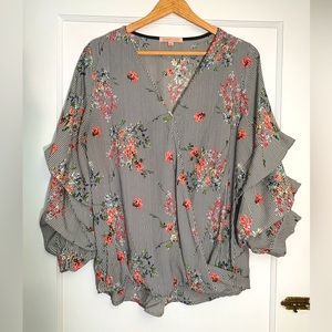 Gibson Latimer Top w/ black and white stripes and floral details